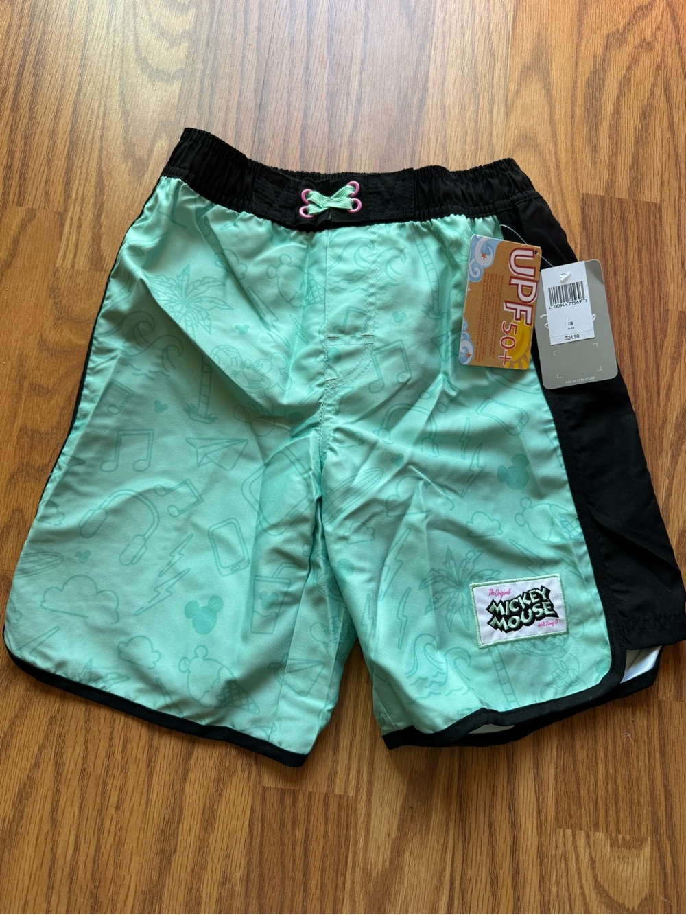 Disney Boys' Mint Green Mickey Mouse Swim Trunks with Black Trim NWT